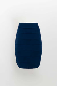 Navy stretch pencil skirt with horizontal panels displayed on a white background