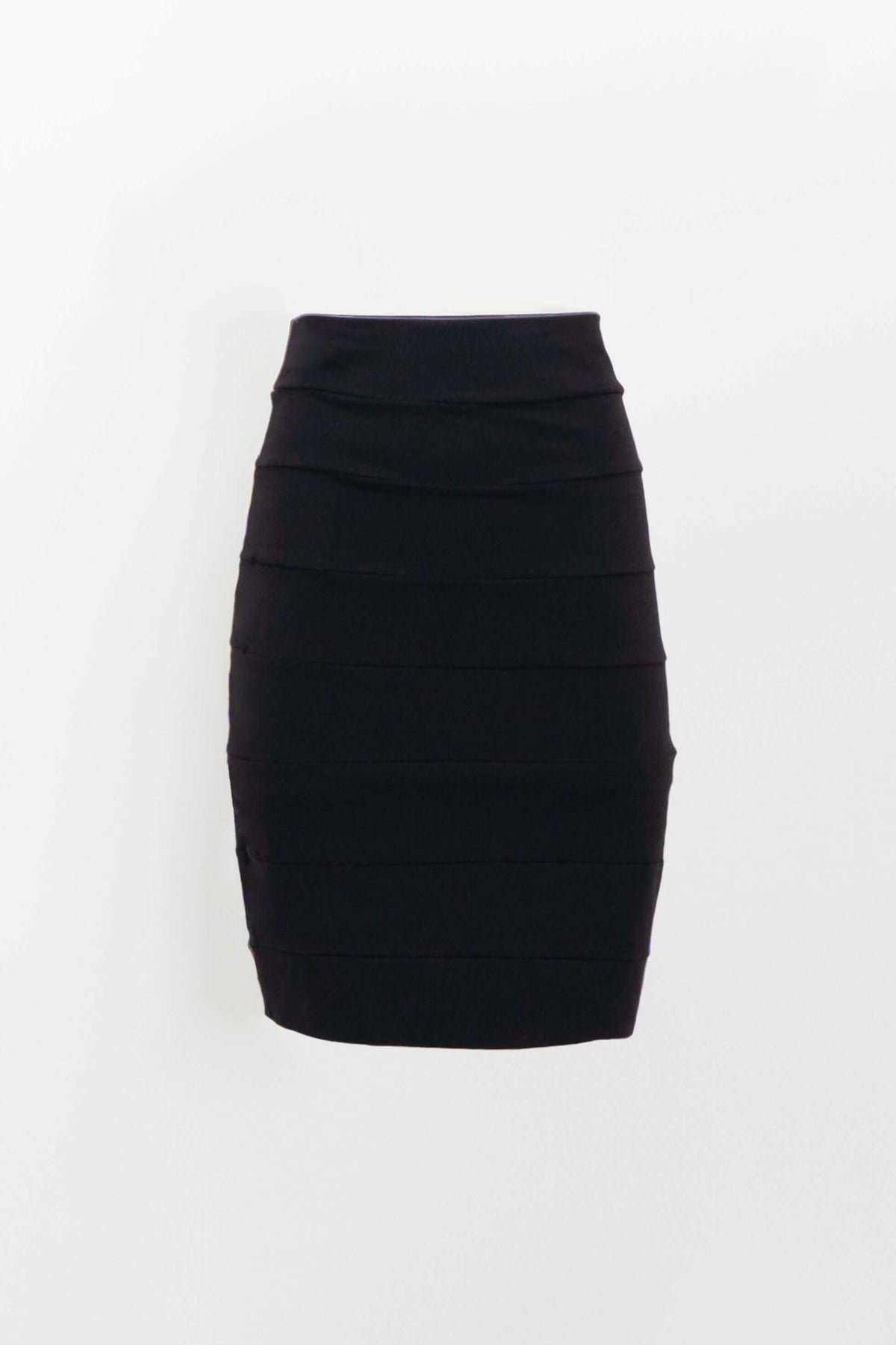 Front view of the Jonelle black pencil skirt with horizontal band details