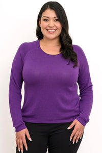 Women's long-sleeve sweater in a rich deep violet hue, styled front-facing against a plain white studio backdrop.