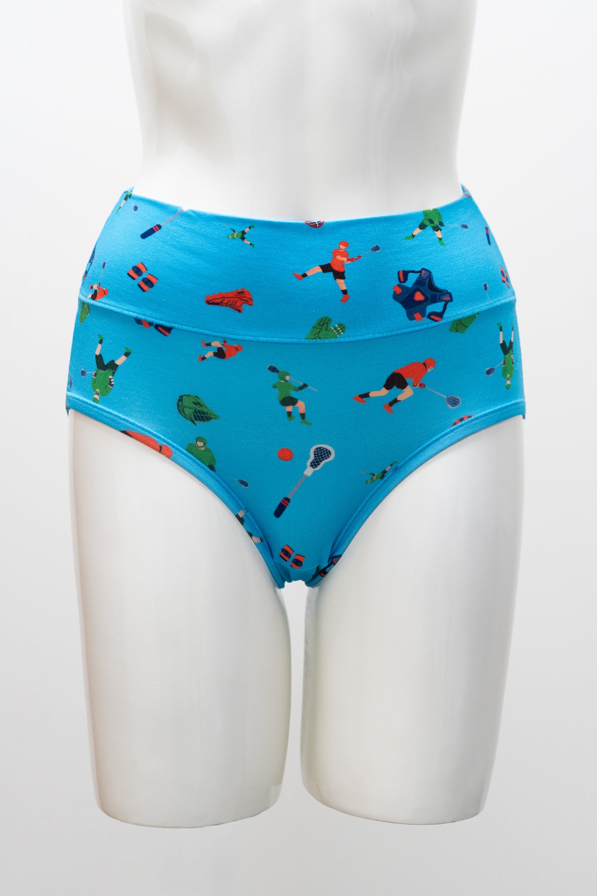 Blue underwear with a colorful lacross pattern on a mannequin against a white background, front view