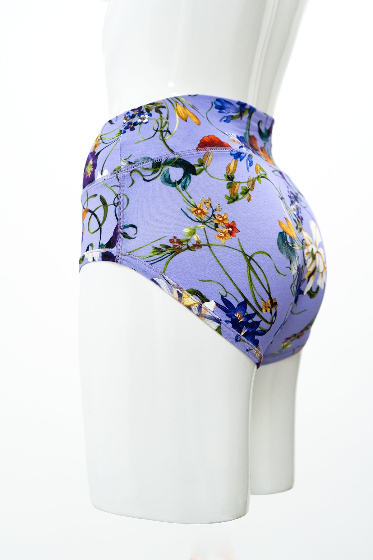 Side view of high-rise full-coverage woman's floral print underwear