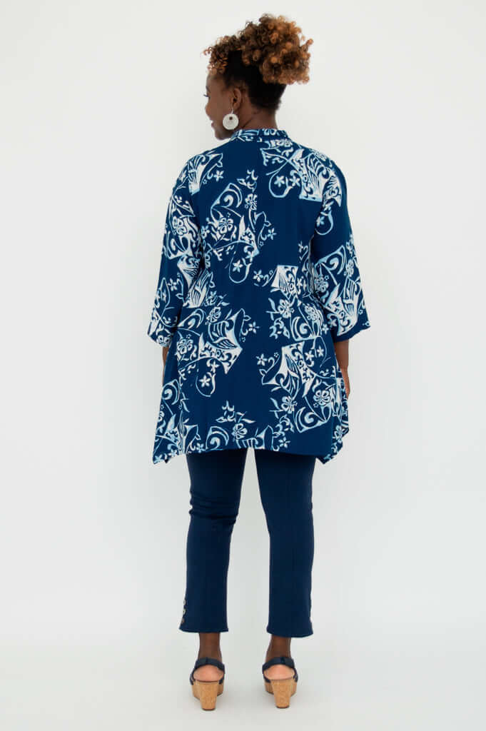 Back view of the Laney Blouse, displaying the full indigo botanical print