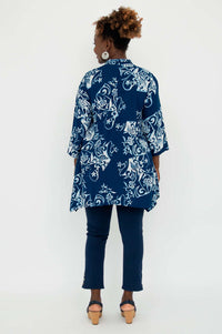 Back view of the Laney Blouse, displaying the full indigo botanical print