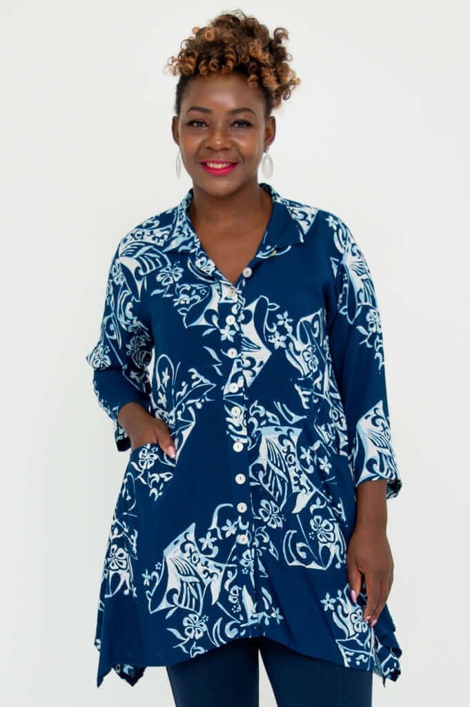 Front view of model wearing the Laney Blouse in indigo botanical print