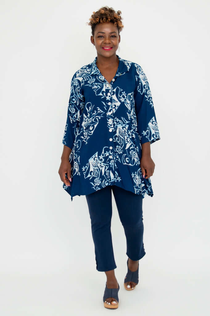 Model walking forward in Laney Blouse, arms at side, showing button-up detail