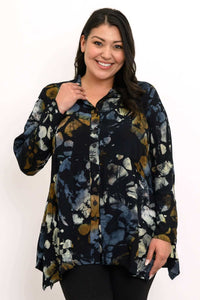 Woman wearing the Laney Blouse in Night Bloom, close-up front view