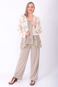 Model styled with Chantilly Lace Tank and a cream openwork cardigan