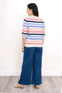 Back view of Sweater showing striped design and ribbed hems