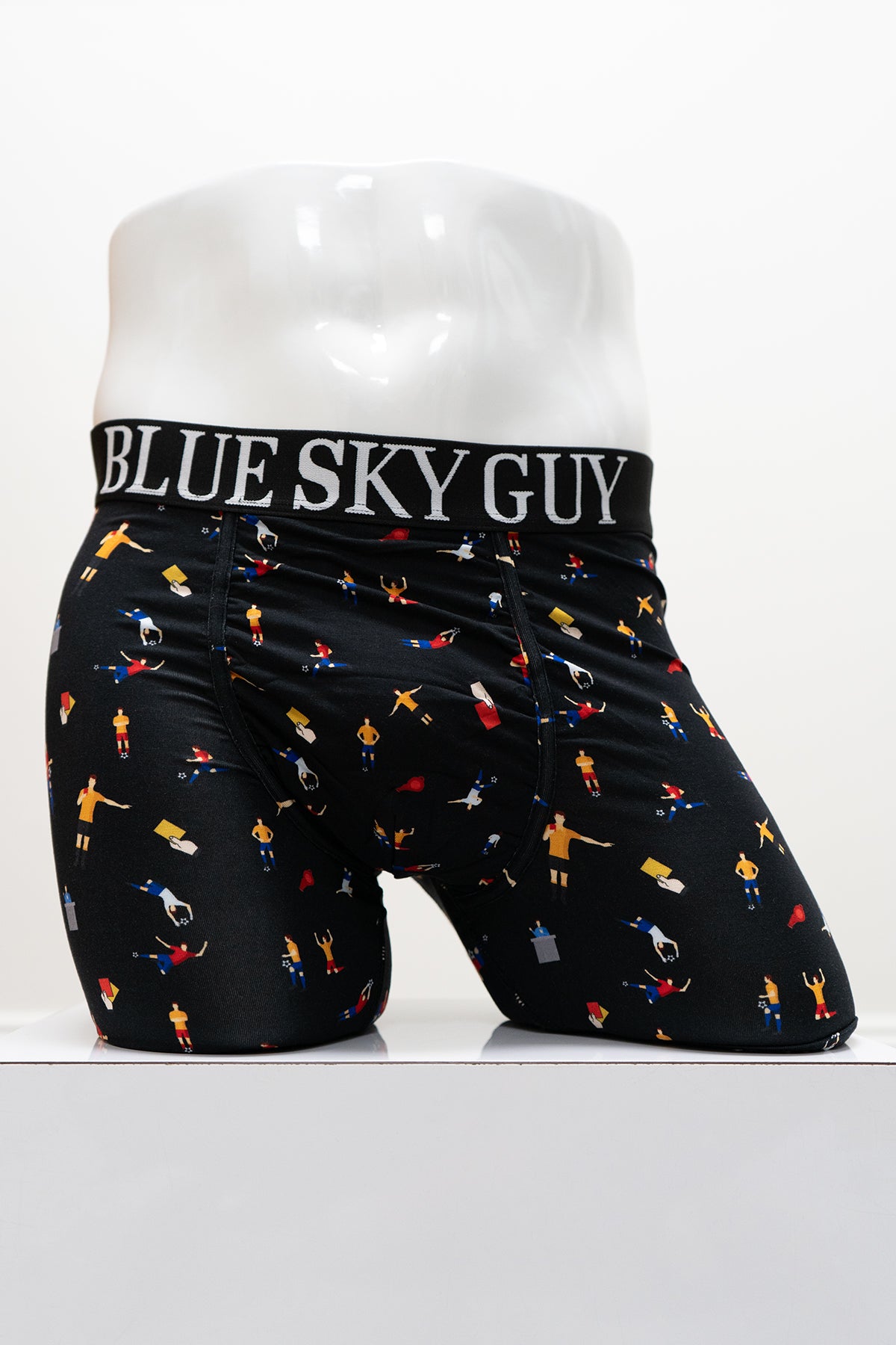 Black boxer briefs with soccer-themed print and 'Blue Sky Guy' waistband on a white mannequin, front view