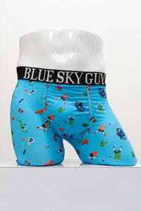 Blue boxer briefs with a colorful lacross pattern on a mannequin against a white background, front view