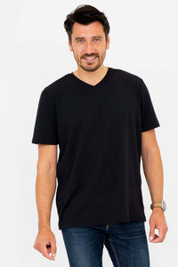 Man wearing a black high V-neck short sleeve t-shirt, front view upper body