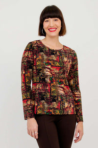 Front view of model wearing Mariah printed long sleeve tee with abstract pattern
