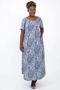 Front view of woman wearing blue paisley Martha maxi dress with pockets