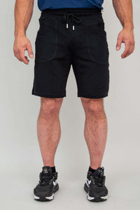 Close-up front view of men's black shorts with drawstring waist