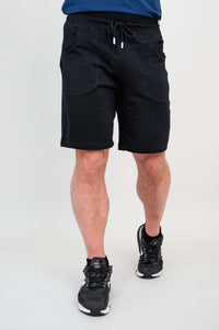 Side angle of men's black shorts showing pocket detail
