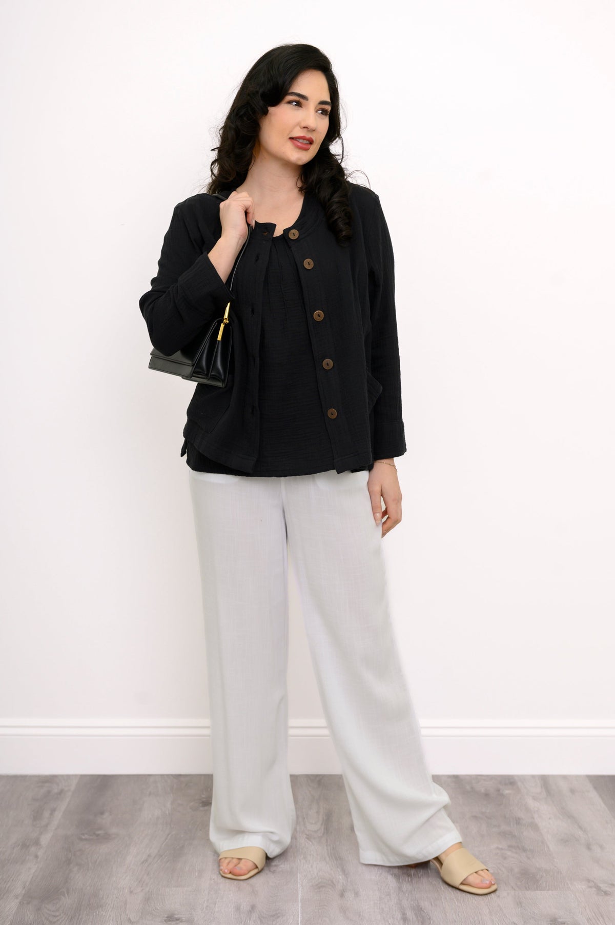 Pleat Tank, Black, Cotton Gauze