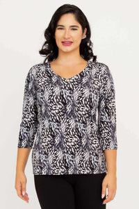 Front view of model wearing Mia Top in Black Feather with 3/4 sleeves