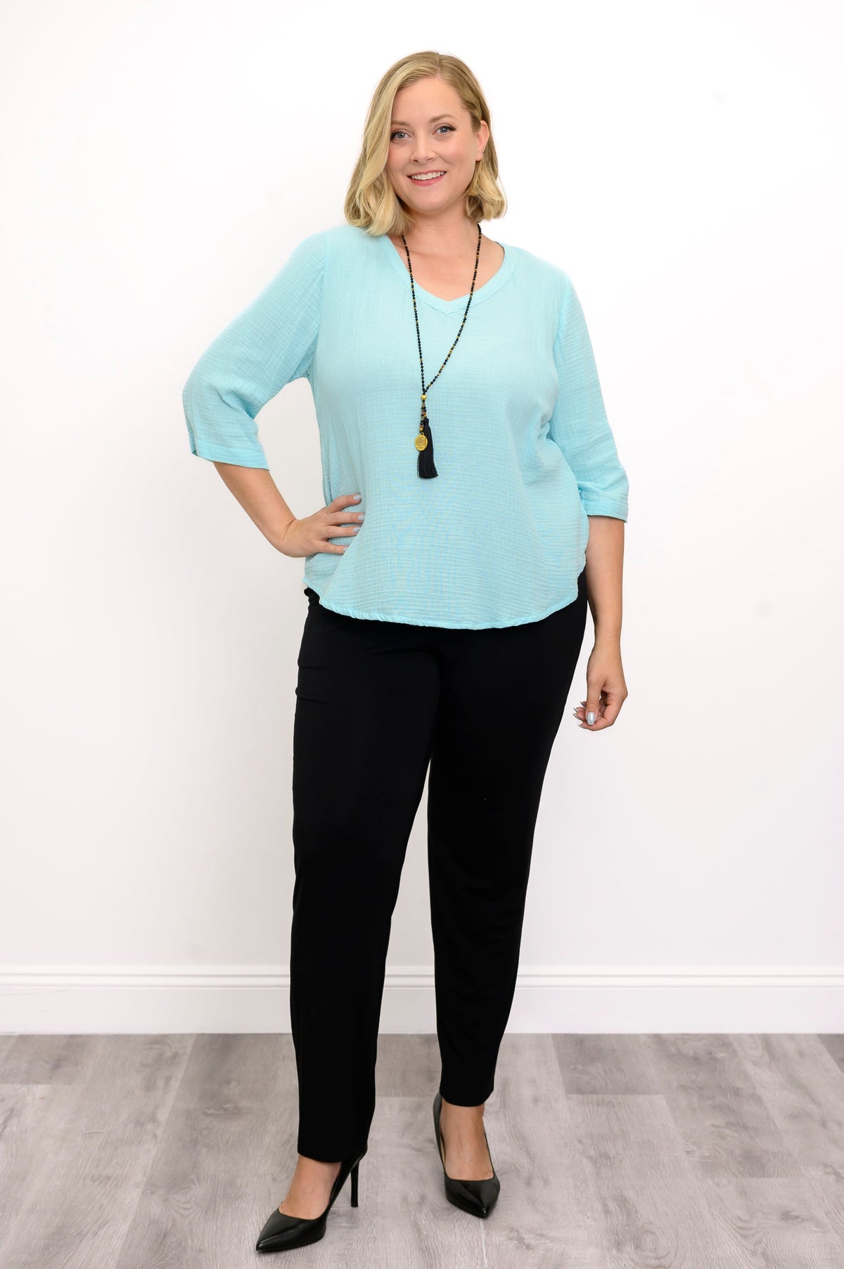 Minna Blouse, Turquoise, Cotton Gauze