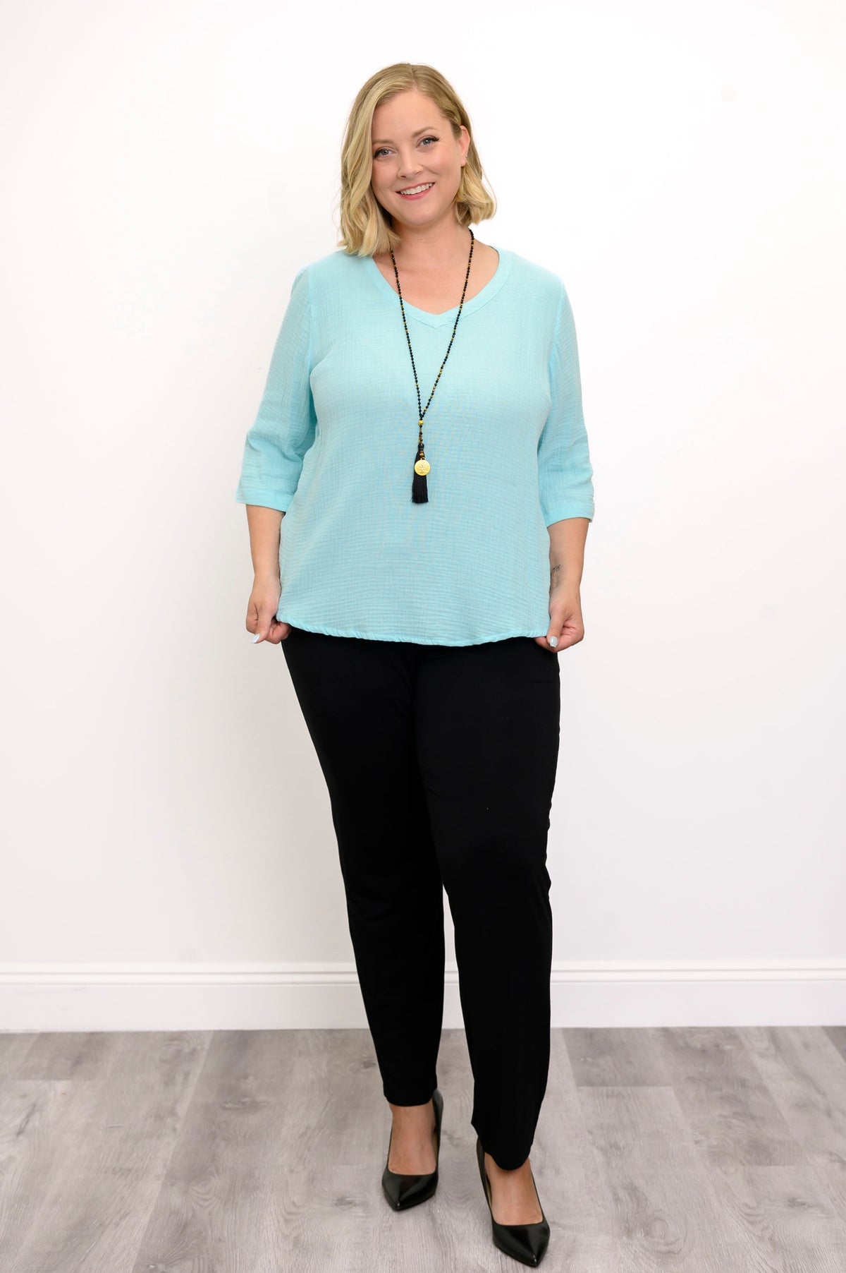 Minna Blouse, Turquoise, Cotton Gauze