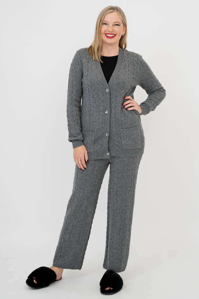 Model wearing Ventura Cardigan and Ventura Pant set in grey wool cashmere