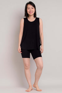 Model wearing Hallie Bamboo Shorts with a sleeveless black top