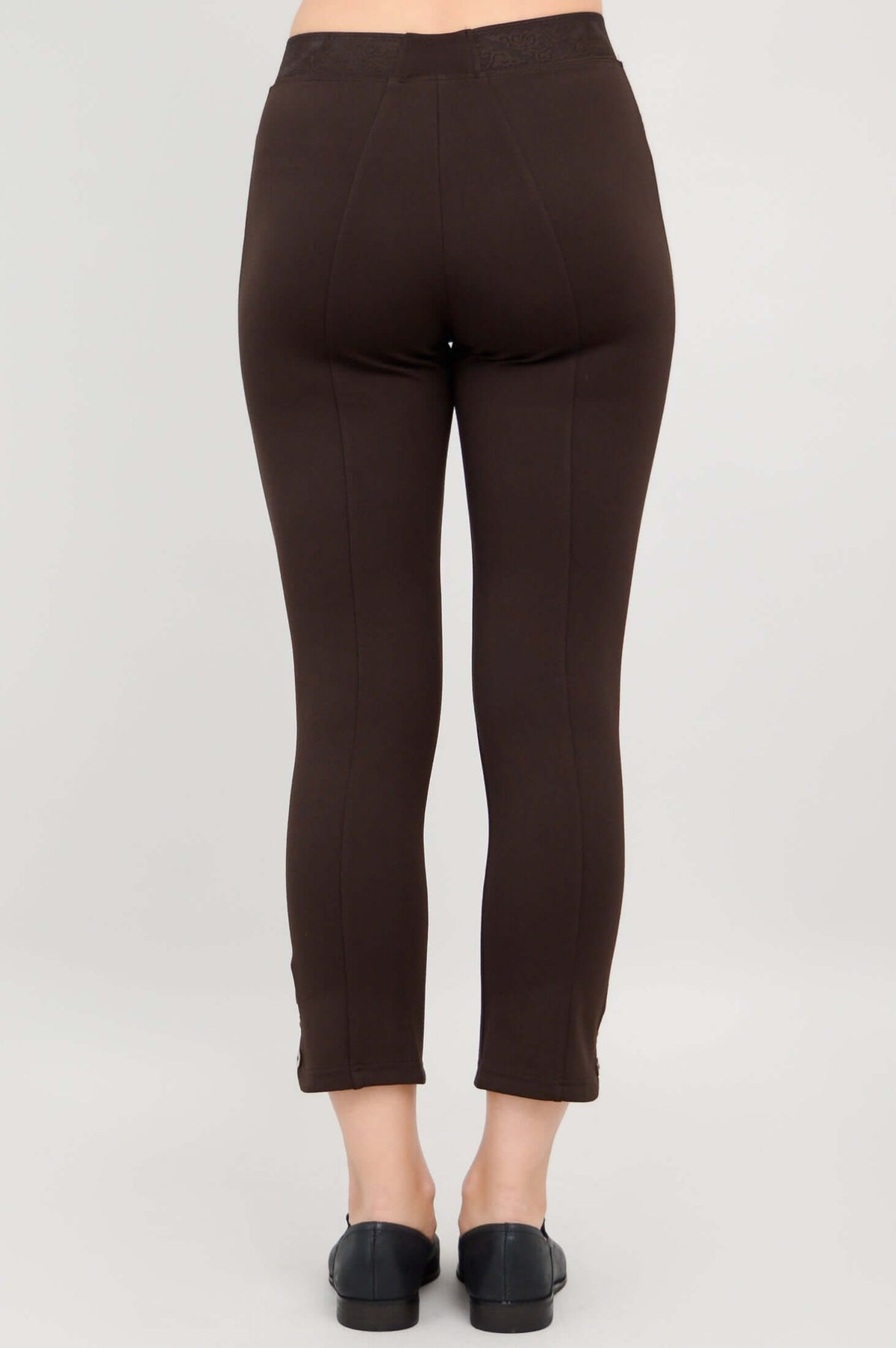 Back view of Nadine Crop Pants in chocolate, showing seam and waistband design