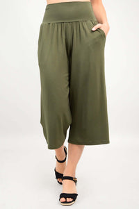 Olive green palazzo crop pants, side pocket visible, comfortable fit