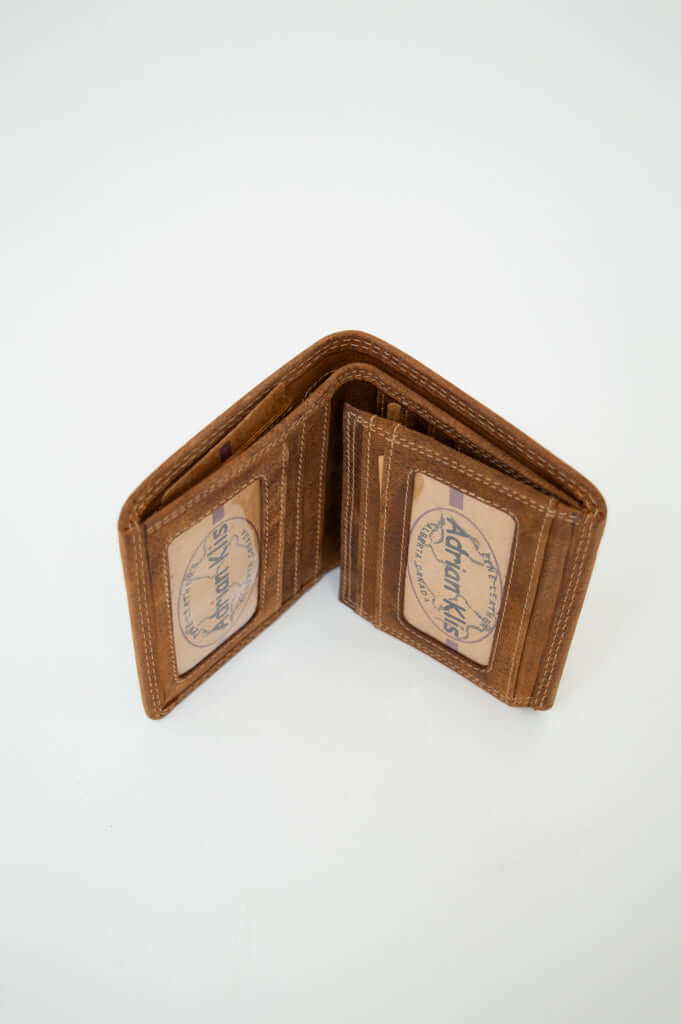 Open brown leather wallet showing card slots and compartments
