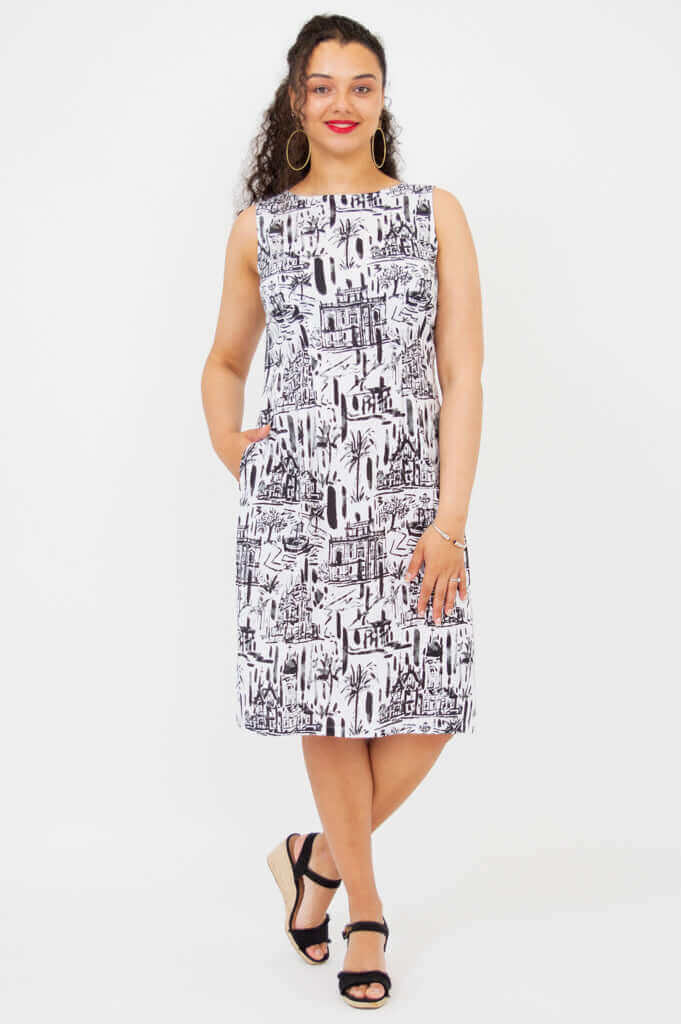 Front view of model wearing Patricia Shift Dress in City Sketch print