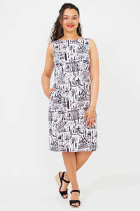 Front view of model wearing Patricia Shift Dress in City Sketch print