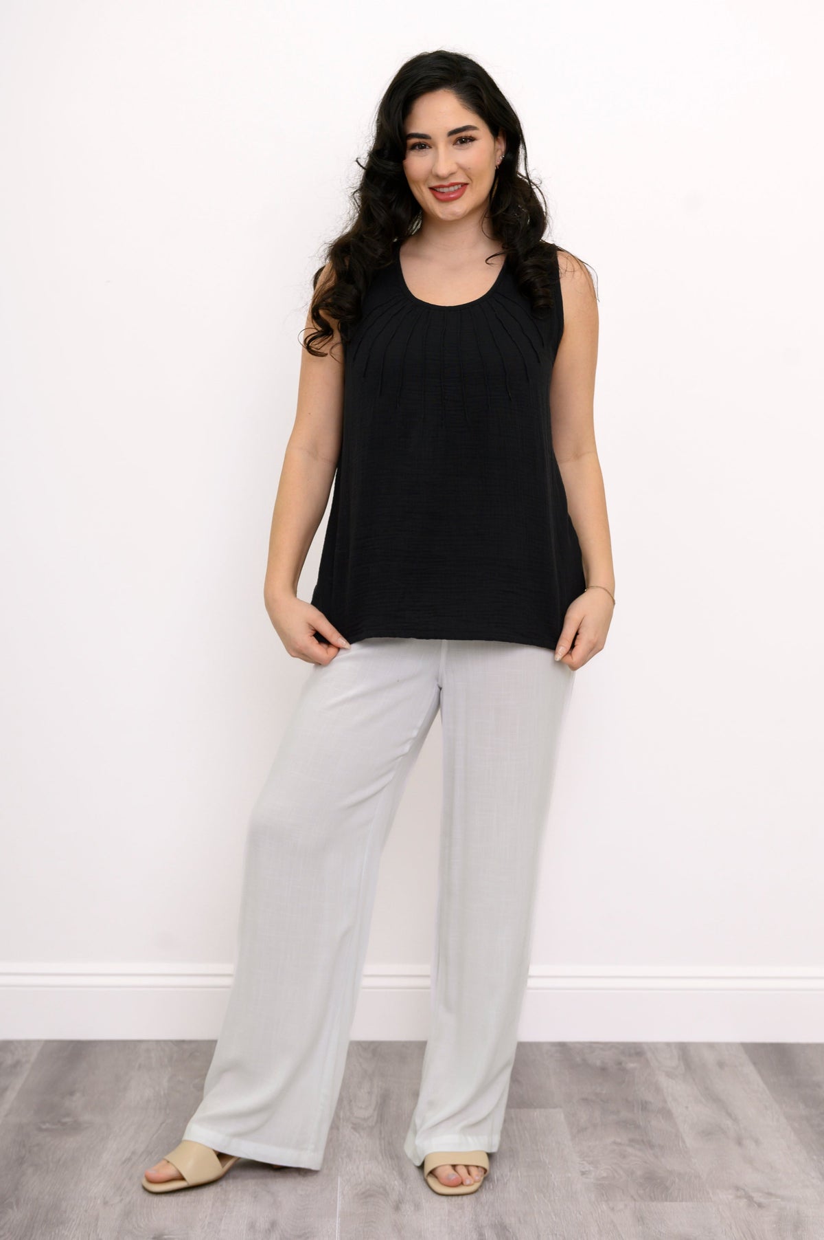 Pleat Tank, Black, Cotton Gauze