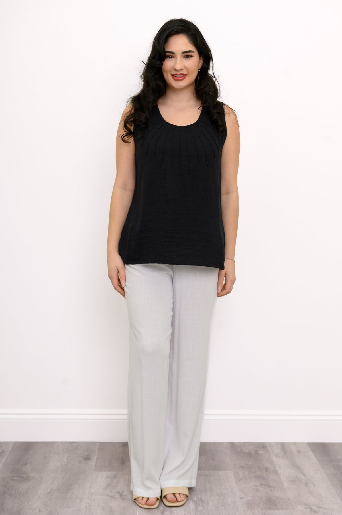 Pleat Tank, Black, Cotton Gauze