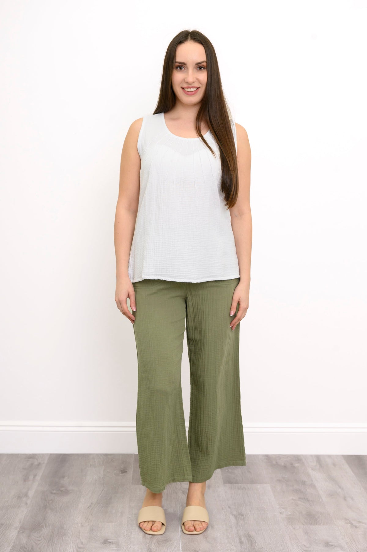 Pleat Tank, White, Cotton Gauze