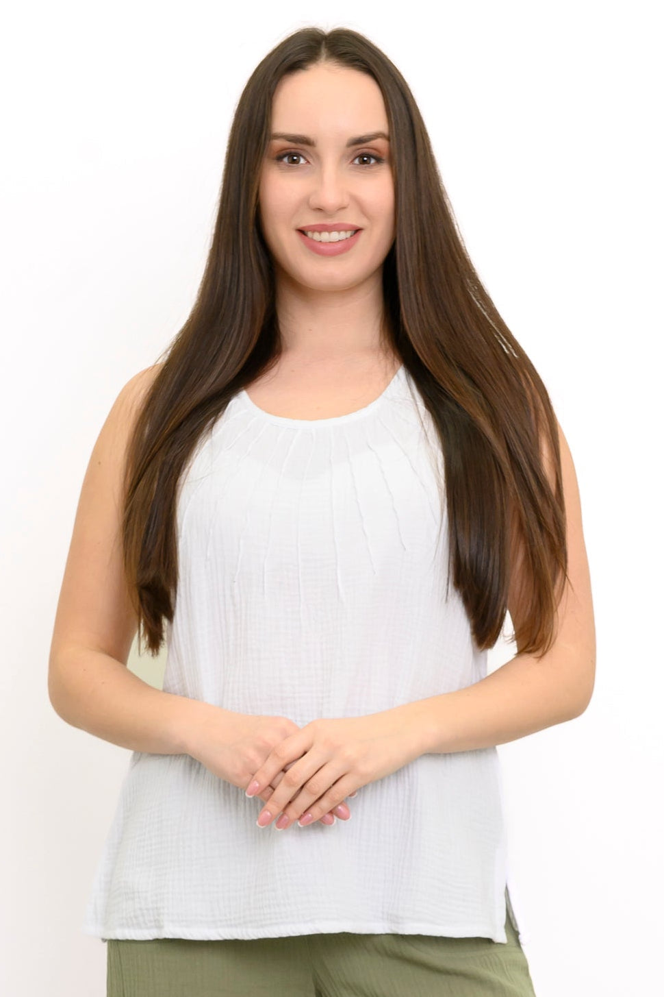 Pleat Tank, White, Cotton Gauze