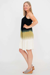 Profile view of woman modeling ombre tiered dress with scoop neckline