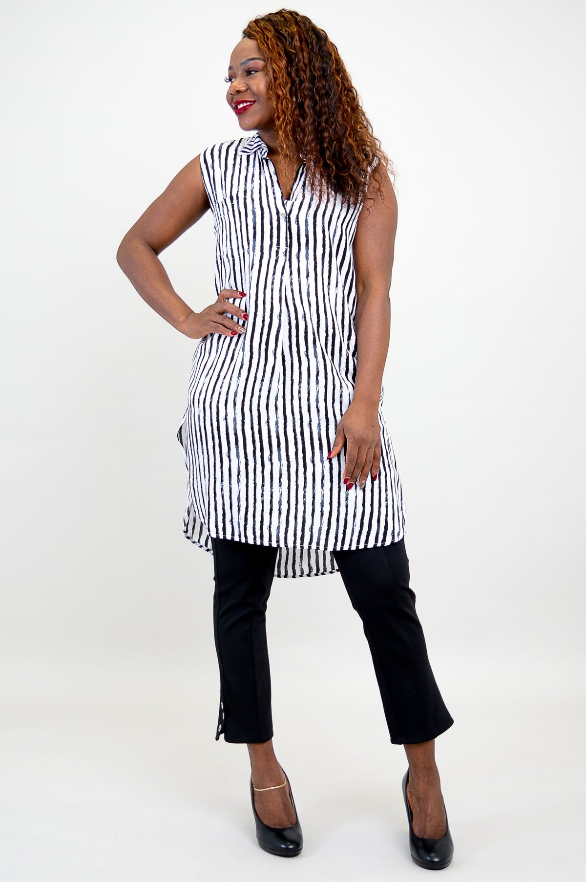 Queenie N/S Blouse, BW Stripe- Final Sale