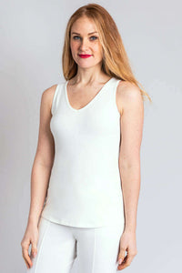 Woman modeling the Reanna Bamboo Tank with V-neck, at an angle