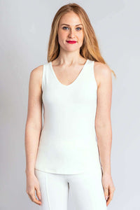 Woman wearing the Reanna Reversible Bamboo Tank with V-neck, front view