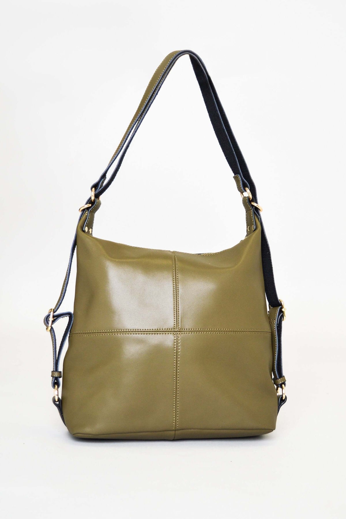 Rear angled view of olive green organizer bag displaying smooth back surface