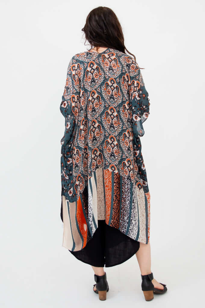 Back view of Darcy kimono wrap displaying its stripe and floral pattern