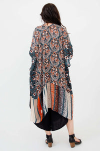 Back view of Darcy kimono wrap displaying its stripe and floral pattern