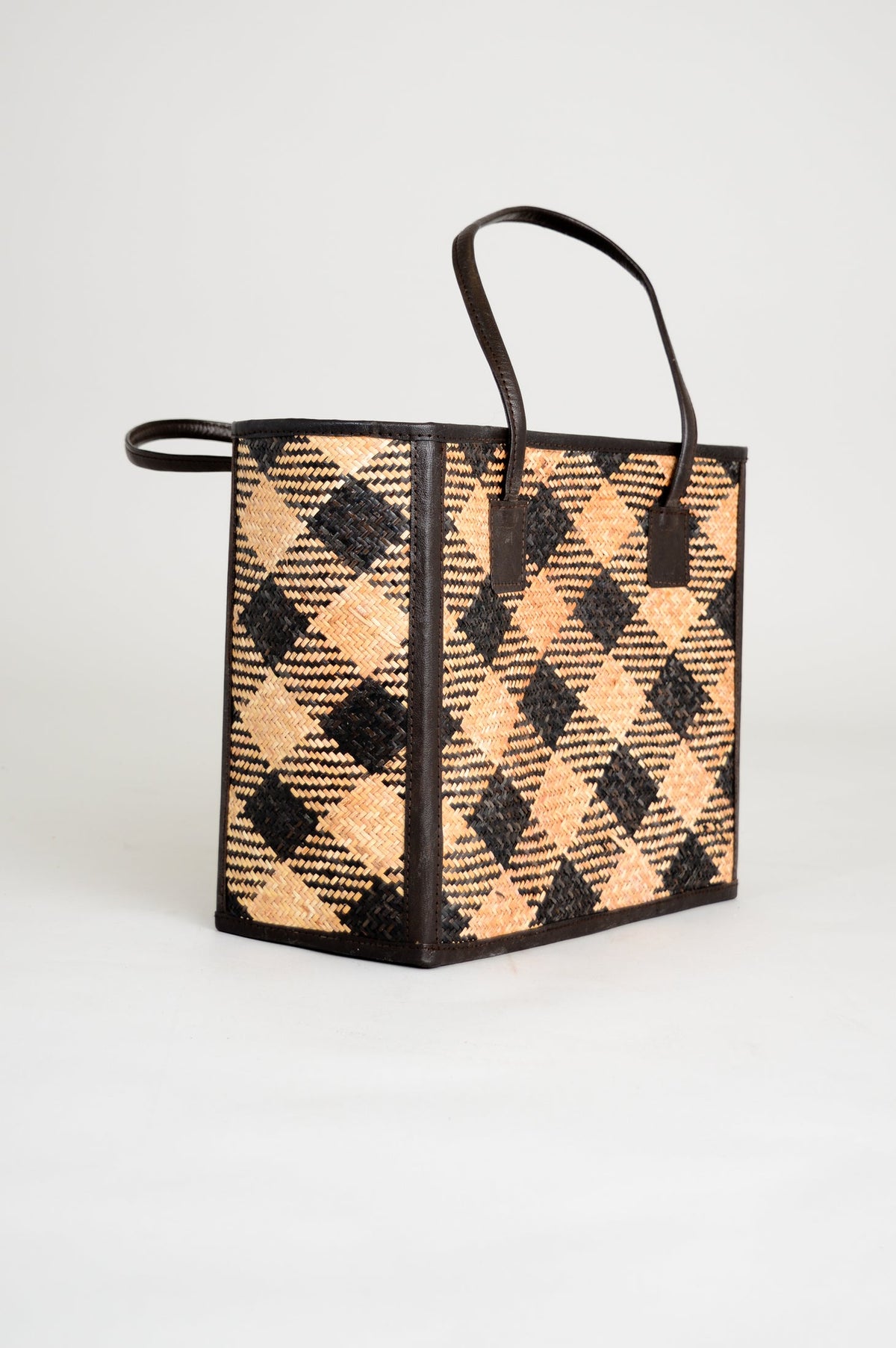 Rectangle Rattan Purse with Black Leather, Large