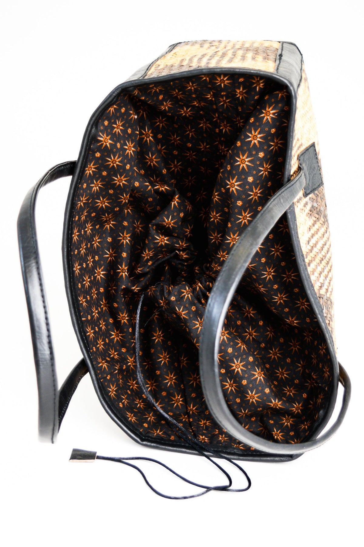 Rectangle Rattan Purse with Black Leather, Large