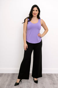 full body front view of woman modelling lavender bamboo tank and wide-leg black pants