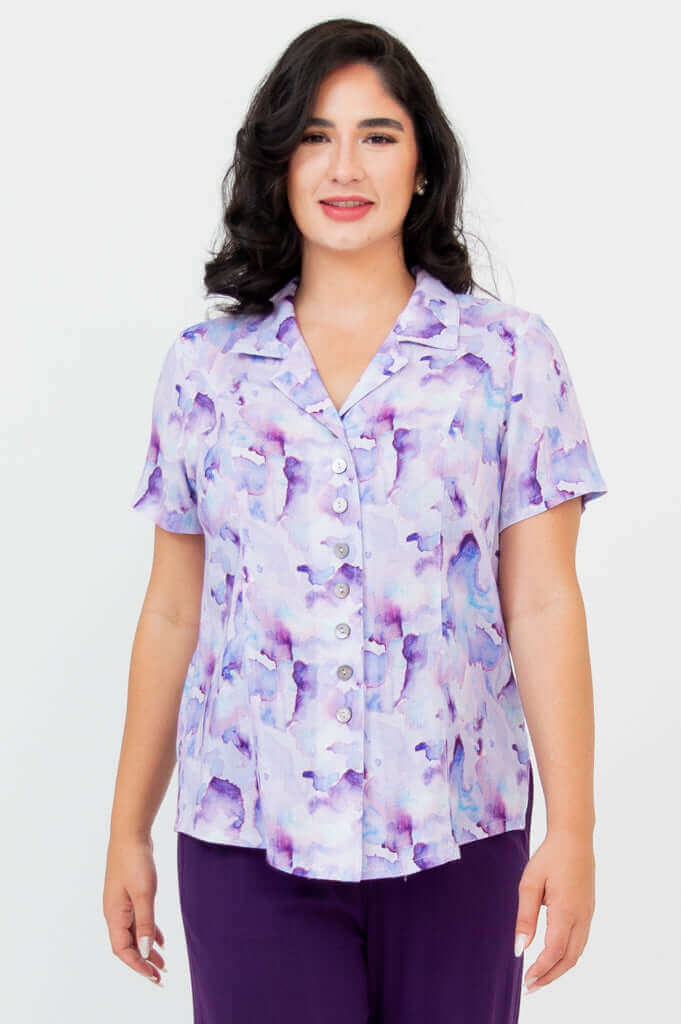 Front view of model wearing Samantha short sleeve watercolor linen shirt