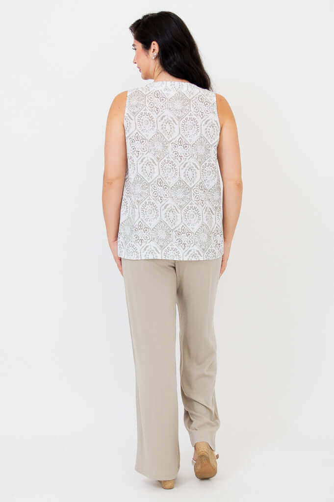 Back view of Scarlette split neck tank showcasing full pattern and relaxed fit