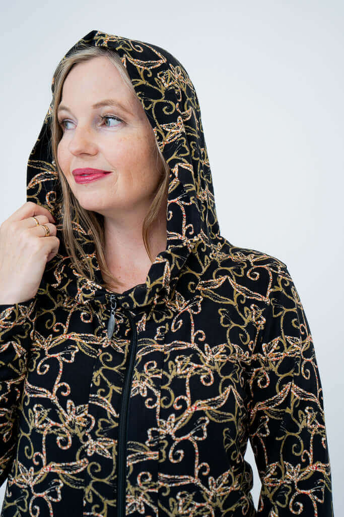 Closeup of woman wearing Seymour Hooded Jacket hood up
