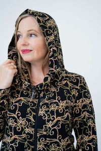 Closeup of woman wearing Seymour Hooded Jacket hood up