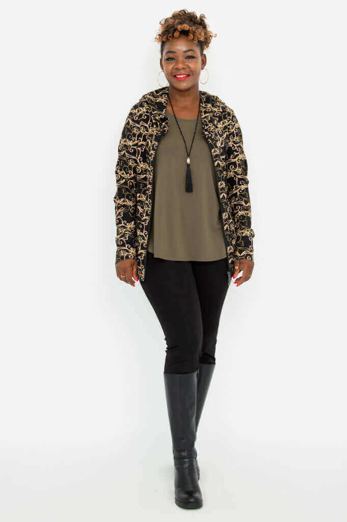 Woman modeling Seymour Hooded Jacket open, front view