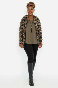 Woman modeling Seymour Hooded Jacket open, front view